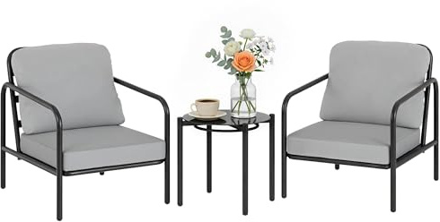 Outsunny Set da Bistrò da 3 Pezzi in Acciaio, Set da Giardino con 2 Sedie con Cuscini Spessi, Tavolino con Piano in Vetro Temperato, per Patio Balcone Terrazzo, Nero e Grigio Chiaro
