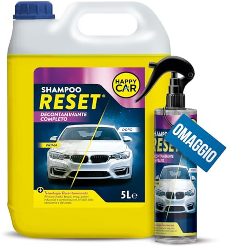 Happy Car Shampoo Auto RESET 5L - Decontaminante Rapido Iron Remover, Elimina Residui Ferrosi dalla Carrozzeria, Detergente per Pulizia Profonda e Rinnovo Vernice - Made in Italy (Spruzzino Incluso)
