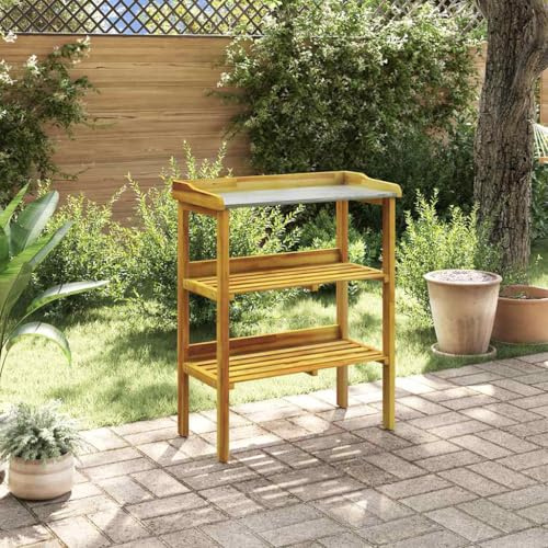 LoogCape Växtbord av massivt akaciaträ med zinkplatta, väderbeständigt, 76 x 37 x 92 cm, med 2 hyllor, lämpligt som planteringsbord, trädgårdsarbetsbänk, växthylla, balkong och terrassbord