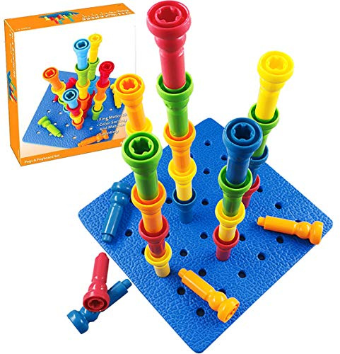 VIPAMZ Peg Board Set Toys-Montessori Occupational Therapy Fine Motor Skills Toy, Suitable for Toddlers and Preschoolers Over 3+ Year Old. 25 Tall-Stacker Pegs Rubber 8 Pegboard