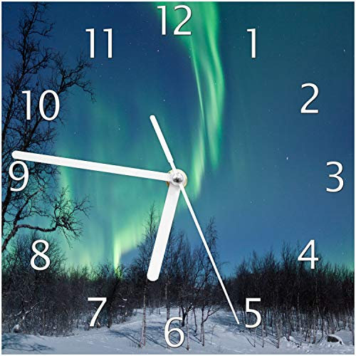 Wallario Design-Wanduhr Polarlicht in Schweden aus Glas, Motiv-Uhr Größe 20 x 20 cm, weiße Zeiger