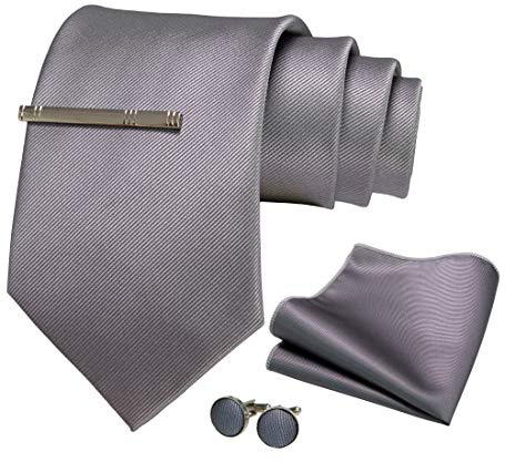 JEMYGINS Cravate Homme gris en Soie 9CM Extra Longue et Pinces à cravate et Carre de poche Set