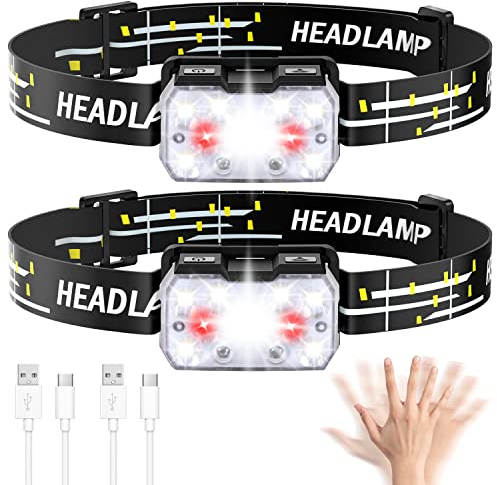 Lsnisni Torcia Frontale Led 2000 Lumens(2 Pezzi), Lampada da Testa USB C Ricaricabile Con Sensore di Movimento, 6 Modalità Luce Bianca e Rossa, IP×5 Impermeabile, Ganci per Campeggio, Corsa, Pesca