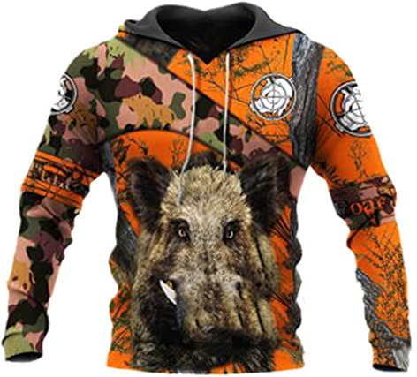 Jabalí Caza Naranja Camo 3D Impresión Chaqueta Hombres/Mujeres Harajuku Sudadera con capucha Unisex Casual Street Suéter Pullover, Rtq12, XXXL