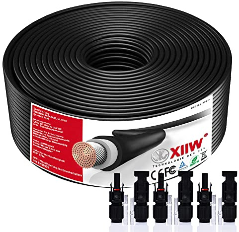 Câble solaire de 10 mm² 50 m avec connecteur solaire de 65 A - Câble de rallonge solaire de 10 mm² avec connecteur solaire photovoltaïque - Étanche IP67 - Noir - Pour système solaire de balcon