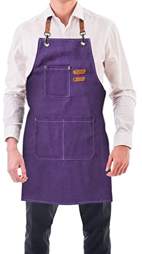 BOOWEN Delantal de Cocina Ajustable Mandiles Lona de Algodón con 3 Bolsillos Grandes Mandil Hombre Resistente al Agua y Antimanchas Delantales para Jardín, Taller, Trabajo (Morado)