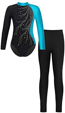 iEFiEL Mädchen Turnanzug Langarm Glitzer Gymnastik Kleidung Set Ballett Trikot Langarmbody mit Lange Hose Kinder Gymnastikanzug Z Grün + Schwarz 134-140