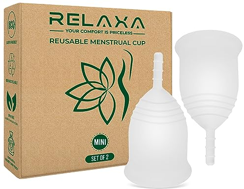 Relaxa Soft & Easy to-Use Reusable Mini Menstrual Cups Premium Quality Lasts for 12 Hours with Storage Pouch - Leakproof & Comfortable Feminine Hygiene Period Cups for Women (Pack of 2)