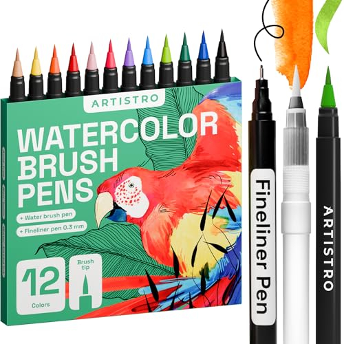 Artistro 12+2 Aquarellstifte Brush Pen Set, Aquarellmarker mit Fineliner-Stift und Flexiblen Pinselstiften ideal zum Malen, Kalligraphie und Manga für Profis und Anfänger