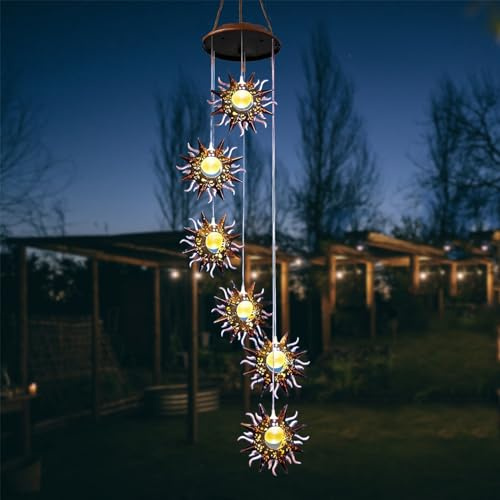 ZVO Campane a Vento Solare con Sole, Campane di Vento Solare per Esterno, Luce Solare Sonagli a Vento da Esterno LED, Decorazioni Terrazzo da Appendere per Balcone Giardino