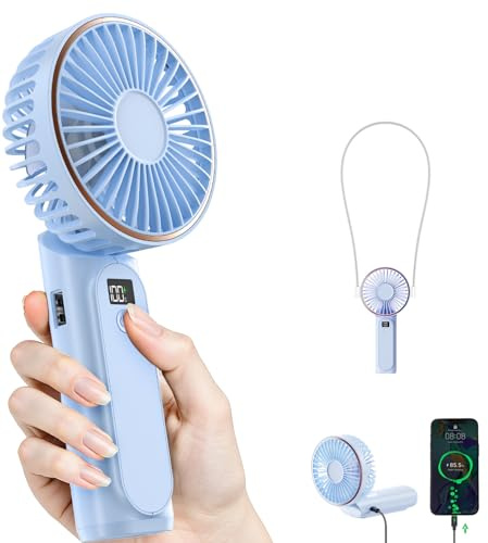 TUNISE Portable Fan, Rechargeable Handheld Fan, 4000mAh, 180° Adjustable, 6 Speed Wind, Display Electricity in Real Time, Foldable, Quiet Personal Fan as Power Bank