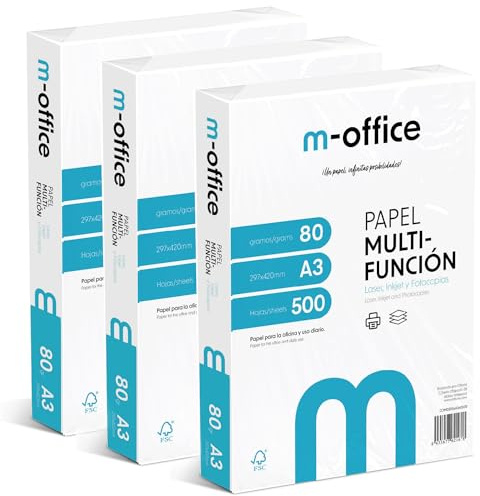 A3-arkpaket 80 g, 3-pack 500 ark, multifunktionspapper för bläckstråleskrivare och laser, A4-ark 297 x 420 mm - perfekt för kontor och hem · m-office (1 500 ark)