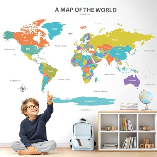 DECOWALL SG2-2414 färgglad världskarta väggtatuering (stor 120 x 75 cm), pedagogisk heminredning konst vardagsrum barn kontor barnrum klassrum gör-det-själv baby