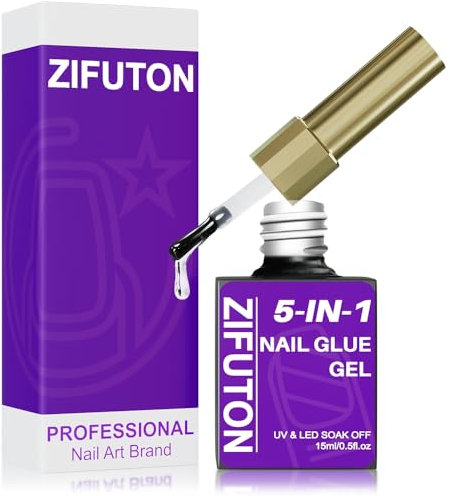 ZIFUTON Nagelkleber Für Kunstnägel -5 In 1 Gel Nail Glue Extra Stark, 15ml UV/LED Nagel Kleber Für Nail Tips Press On Nail Fake Nails