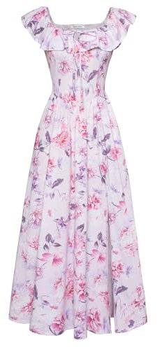 GRACE KARIN Damen Freizeitkleid Sommer Leicht Schulterfrei Frontschlitz Maxi Lang Boho Blumen Strandkleid CL0213-04/Lila Rosa L