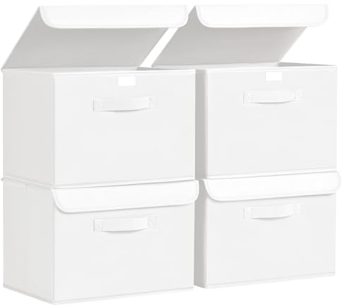 Homsorout Foldable Storage Boxes with Lids - Wardrobe Organiser Bins with Handle 4 Pack Fabric Baskets Containers for Clothes, Book, Shelf, Office - White