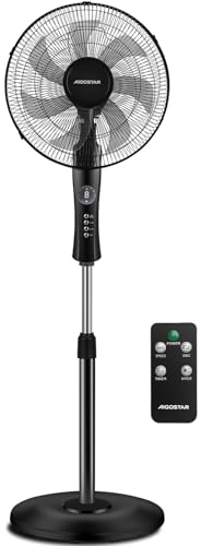 Aigostar Ventilatore a Piantana Potente da 55W con Telecomando, 7 Pale Ventilatore Silenzioso, 3 Modalità e 3 Velocità, Oscillazione 70°, Altezza Regolabile fino a 140 cm, Base Rotonda, Nero