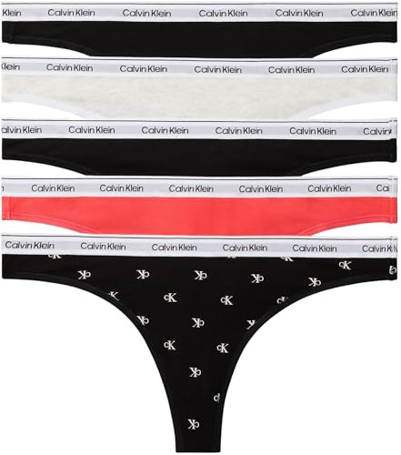Calvin Klein Women's 5 Pack Thongs with Logo Waistband, Multicolor (Black/Black/Snow Heather/Punch P), S