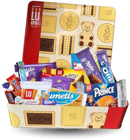 Boîte à biscuits LU garnie : Coffret gourmand avec 20 biscuits pocket & 30 Bonbons au Chocolat | Edition collector en métal – Idéal cadeau, goûter, pause café, fête ou anniversaire