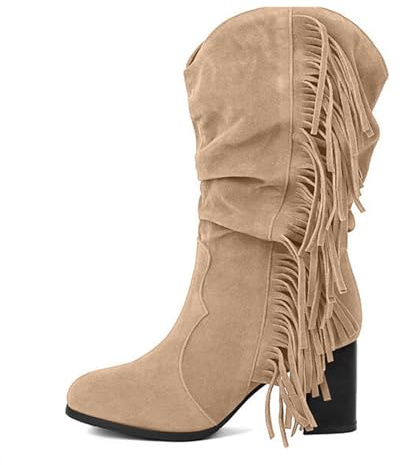 Generisch 2026 Stivali da donna di altezza media polpaccio, stivaletti alla moda con dettaglio frange, comode scarpe casual tacco grosso per la vita quotidiana, bianco, 43 EU
