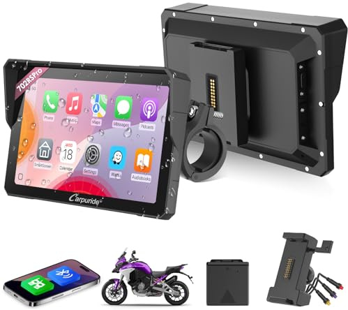CARPURIDE W702RS Pro Écran Carplay pour Moto avec Radar BSD et Support BM05, sans Fil CarPlay & Android Auto, écran Tactile étanche 7, Fonction interphone, Double Bluetooth, contrôleur Filaire