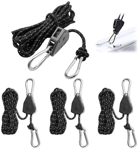 4 Pcs Reflective Tent Guy Ropes, 4 mm Heavy Duty Ratchet Ropes for Camping | Adjustable Outdoor Tent Guide Rope Metal Ratchet Hangers for Hiking Awning Grow Room Equipment Lights (Black)