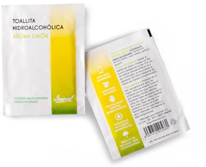 Limoncol Toallitas Hidroalcohólicas Aroma Limón en Sobres Individuales, 70% Alcohol, Para Manos y Superficies, Pack 100 Unidades