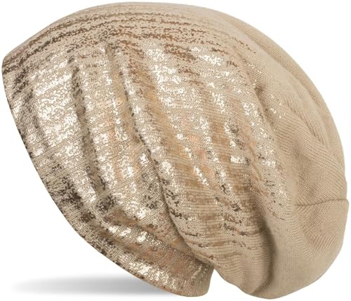 styleBREAKER warme Feinstrick Beanie Mütze mit Metallic Print und Fleece Innenfutter, Slouch Longbeanie, Unisex 04024132, Farbe:Beige/Rosegold