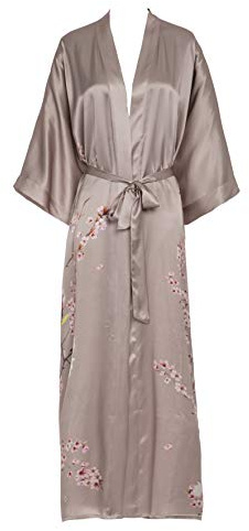 Prettystern Mujer Hasta el suelo 100% Seda Kimono Modelado Bata Robe flor de cerezo Sakura Marrón Gris Topo L03