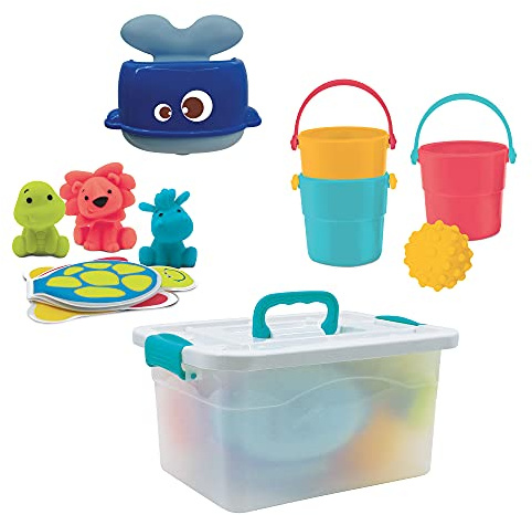 LUDI – Valise de salle de bain – Coffret jouets de bain bébé avec livres aspergeurs gobelets et balle – Jeux d’eau pour bain piscine et plage – Dès 10 mois