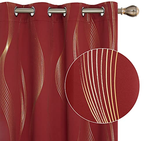 Deconovo Blackout Eyelet Curtains Thermal Insulated Gold Wave Line Foil Printed Curtains for Bedroom 46x72 Inch Red 2 Panels