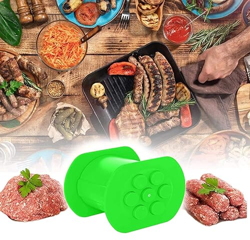 NIWWIN One Press Cevapcici Maker Hot Dog Maker Manual Sausage Maker with 7 Holes, DIY Homemade Meat Strip Squeezer, Making Delicious Stuffed Meat Filler Molds Kit Barbecue Grill Accessories (Green)