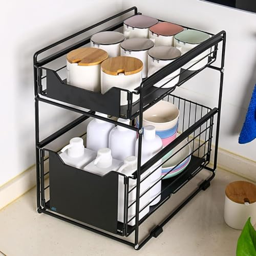 SIC - Unter Waschbecken Regal Küche 2-stöckiger Schubladen-Organizer Anhebbares schrank, Unterschrank-Organizern und Aufbewahrung mit 2 Korb-Auszügen, Ausziehbar, Schrankkörbe für Küche, Bad, Metall