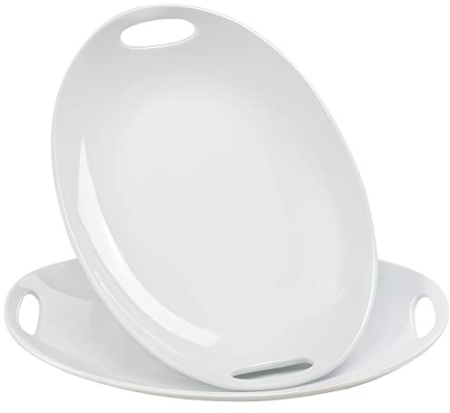 Buyajuju Porcelain Serving Platter with Handles, 14 serving dishes for entertaining, Oval Serving tray for Salad, Stew, Fruits and Pasta, Set of 2, White