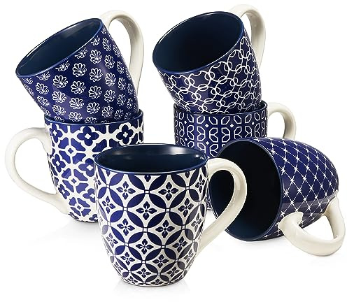 DOWAN - 6 x 560 ml Tasse à café en grès/Ensemble de tasses - Mug Motif Classique Oriental - Grandes Tasses à Thé, Café et Chocolat Chaud - Grand Cadeau pour les Amoureux - Bleu et Blanc