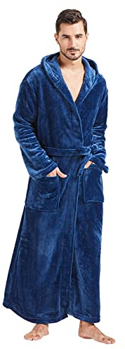 FashGudim Batas de Hombre Hombres Altos y Grandes con Capucha, Bata de Franela de Felpa Larga y Espaciosa para Hombres, Bata de Baño de Invierno Cálida (Azul marino, 7XL)
