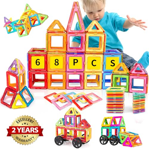 GLADTOP Magnetische Bausteine 68 Teile, Spielzeug Magnetspielzeug Magnetbausteine Magnet Spielzeug Magnetspiele für Kinder Weihnachten Geschenk ab 3 4 5 6 7 8 Kinder Jahre Junge Mädchen
