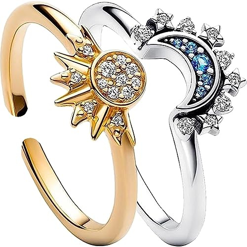 GAUEIOUR Bague superposée avec soleil et lune céleste, soleil et lune qui brillent ensemble, bague pour femme, en couches, bague couverte avec diamants, argent, Argent