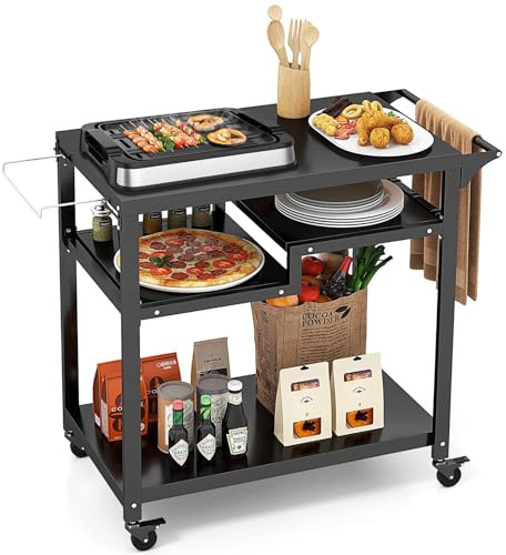 SFAREST Outdoor Grill Cart, Movable Pizza Oven Table BBQ Trolley with 4 Hanging Hooks & 4 Lockable Casters, Metal Garden Serving Cart for Patio Backyard (111 x 50 x 93 cm)