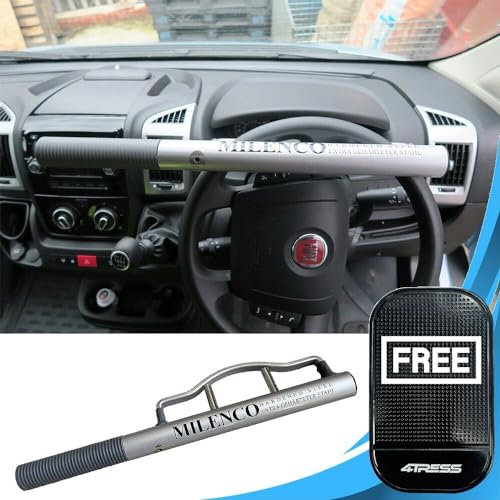 Milenco High Security Silver Car Steering Wheel Lock Design Sold Secure Gold Approved Car Van Anti Theft High Visibility Metal Wheel Lock with 4Tress Non Slip Car Dash Mat (4T-ML-0505)