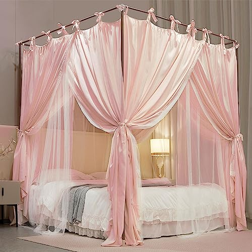 HUOQOU Baldaquin Princesse à 4 Montants Moustiquaire Double Couche en Maille & Tissu Confortable et Élégant pour Chambre de Fille (Rose,2Wx2,2Lx2,1H(m))