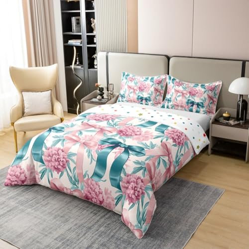 100% Baumwolle Vintage Bowknot Tröster Abdeckung 220x240,Groovy Blume Floral Bettbezug für Mädchen Frauen,Traumhafte Viktorianische Prinzessin Bettwäsche Set,Girlish Girly Bowknot Bettwäsche Abdeckung