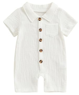 LYSINK Infant Baby Boy Cotton Linen Jumpsuit Solid Color Short Sleeve Lapel Button Up Romper Casual One Piece Bodysuits (A-White, 6-12 Months)