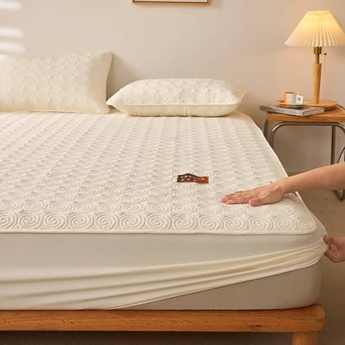 Homxi Spannbetttücher Boxspringbett,90 x 200 cm,Betttuch für Hohe Matratzen Baumwolle Volltonfarbe mit Geometrischem Muster Bettlaken mit Beige Weiß