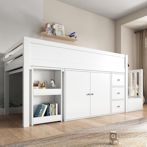 Moimhear Cama elevada para niños, 90x200 cm, Cama infantil multifuncional, con escritorio extraíble y compartimento lateral, con armario, sin colchón, MDF, Blanco
