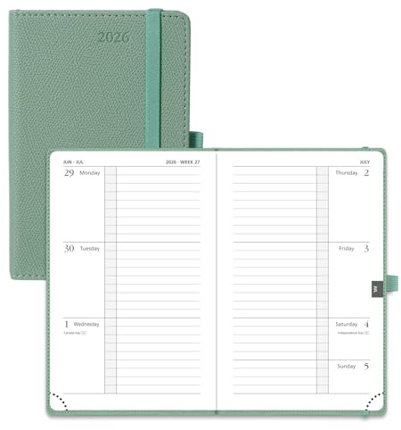 POPRUN Piccola Agenda 2026 Agenda Tascabile Orizzontale Copertina Rigida A6 (16 x 10,5 cm) Visualizzazione Settimanale Agenda Appuntamenti Pianificatore Settimanale Verticale 26, Tasca Interna (Verde