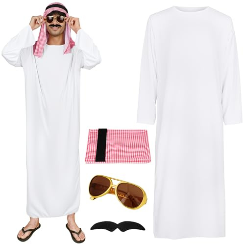 BSBUY Disfraz Jeque Arabe Hombre, 4Pcs Disfraz Hombre con Gafas y Barba, Arabian Costume Hombre, Conjunto de Disfraz Jeque para el Carnaval, Fiesta, Cosplay