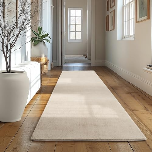 SIMPEX Läufer Teppich Creme 80x250 cm Kurzflor Teppich Waschbar, weich & rutschfest, modernes einfarbiges Design für Schlafzimmer, Küche & Flur