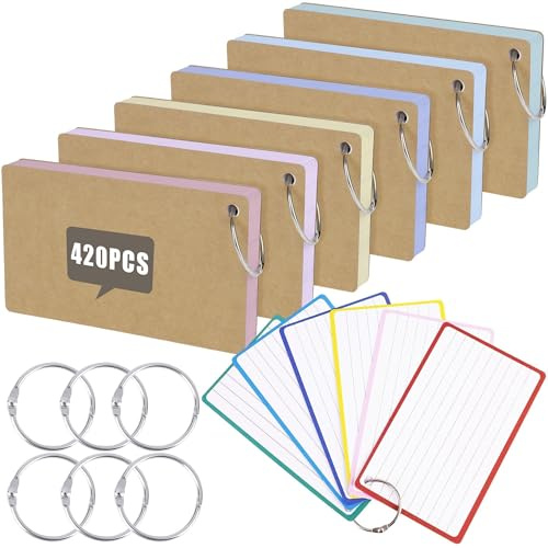 Flash Cards 420 Pcs Revision Study Cards 3x5 Inch Kraft Paper Multicolor Index Cards with 7 Metal Binder Ring Double Sided Flshcards Lined for Home School Learning Office Record