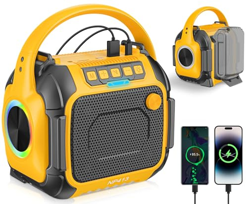 Bärbar Bluetooth-högtalare kompatibel med Dewalt-20 V-batteri (inget batteri), trådlös högtalare med FM-radio, 3,5 mm AUX-ljudport, USB/typ C-laddning och TF-kortingång, för utomhusarbetsplats camping